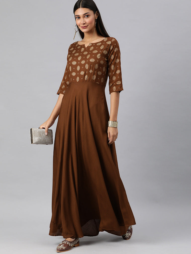 Brown Printed Fit and Flare Dress