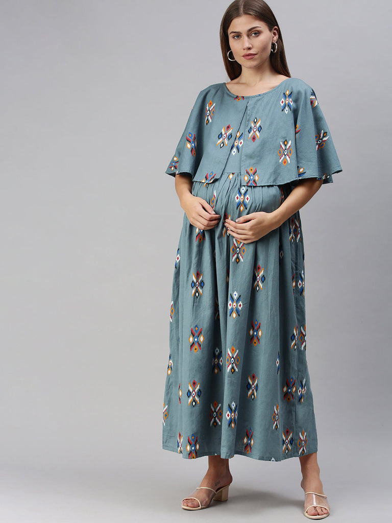 Grey Printed Cotton Maternity Maxi Dress