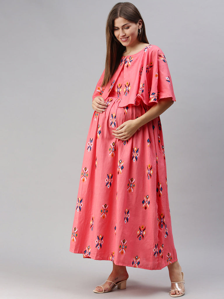 Peach Printed Cotton Maternity Maxi Dress