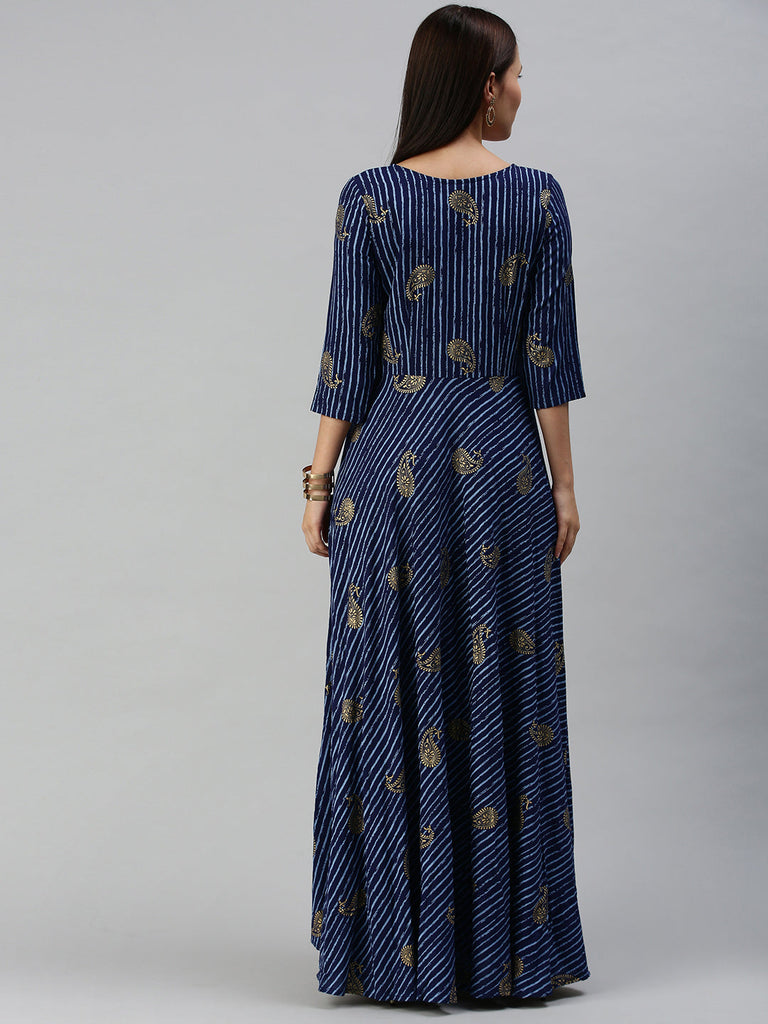 Dark Blue Printed Fit and Flare Dress