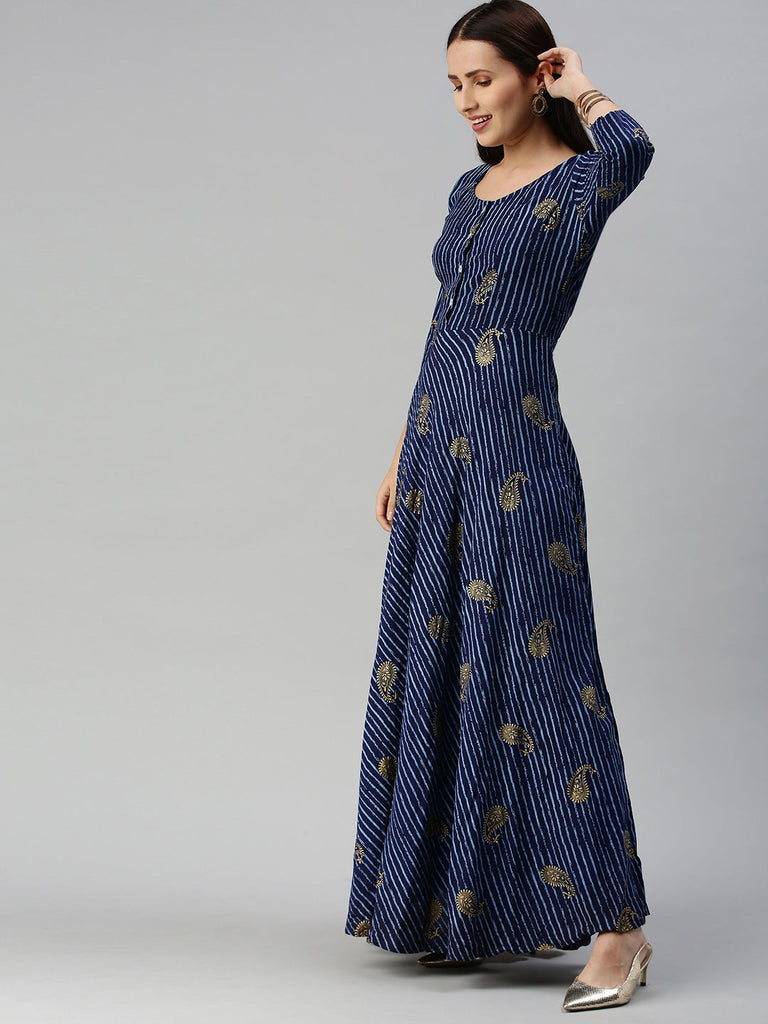 Dark Blue Printed Fit and Flare Dress