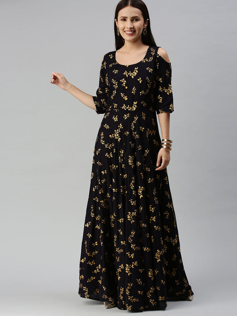 Black and Gold Printed Fit and Flare Dress
