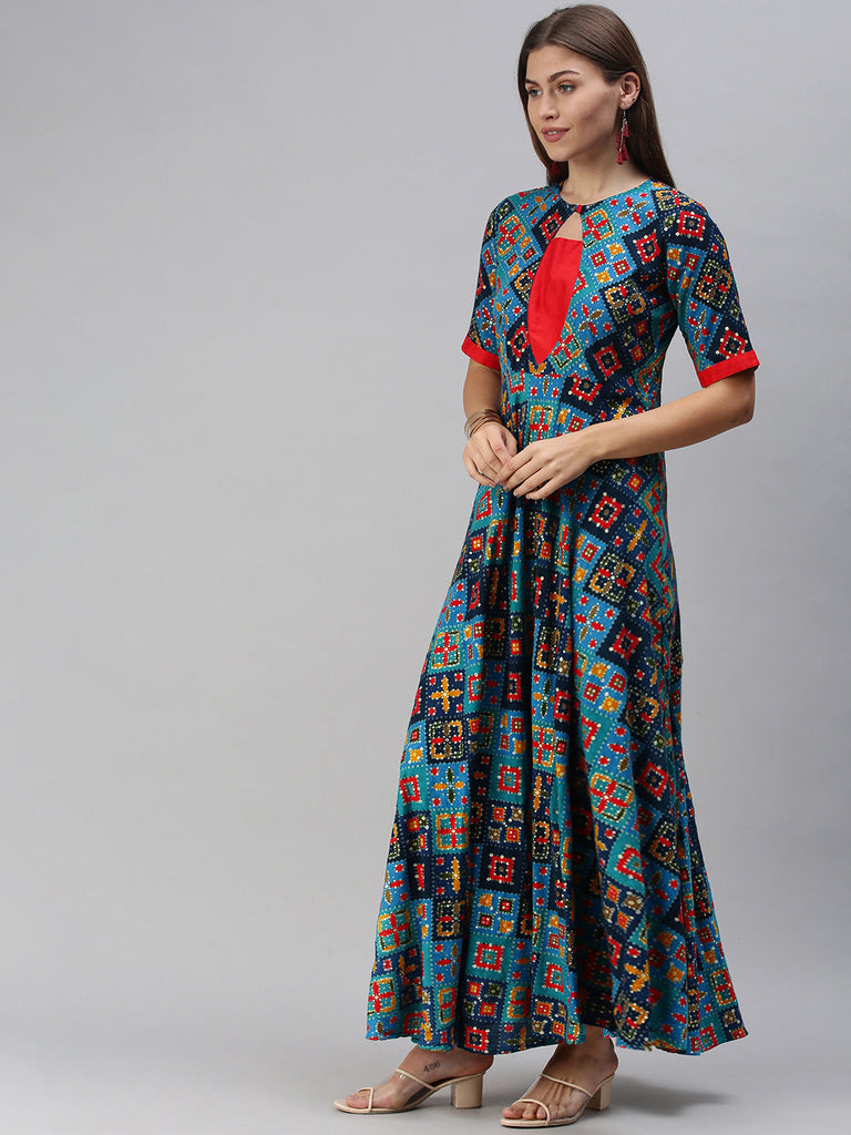 Blue Patola Print Fit and Flare Dress