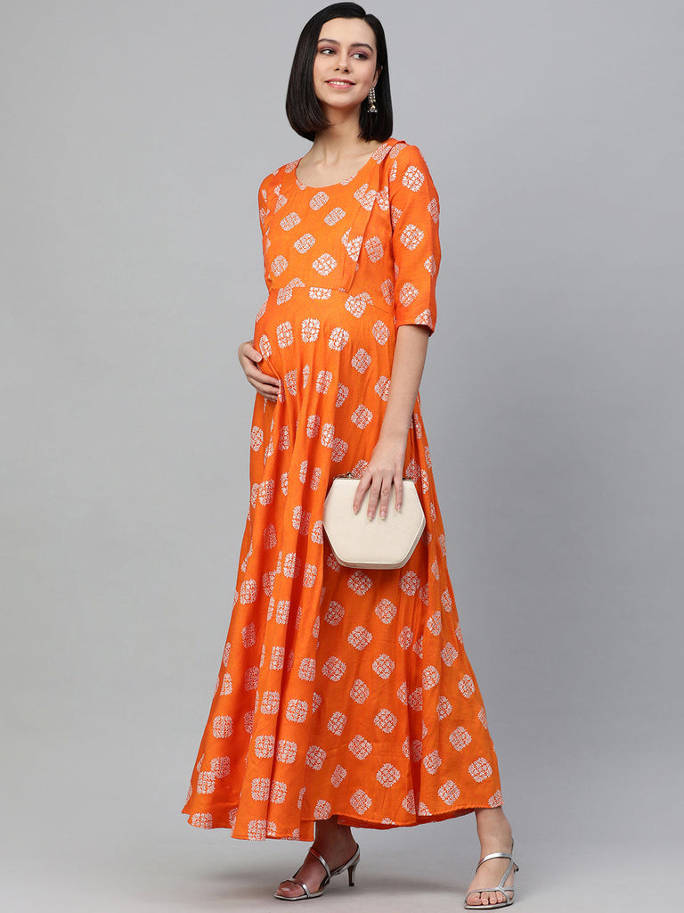 Orange & White Ethnic Motifs Printed Maternity Maxi Dress