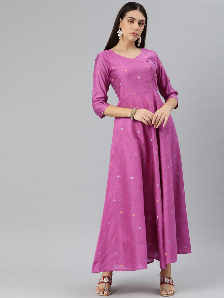 Pink Woven Slub Ethnic Maxi Dress