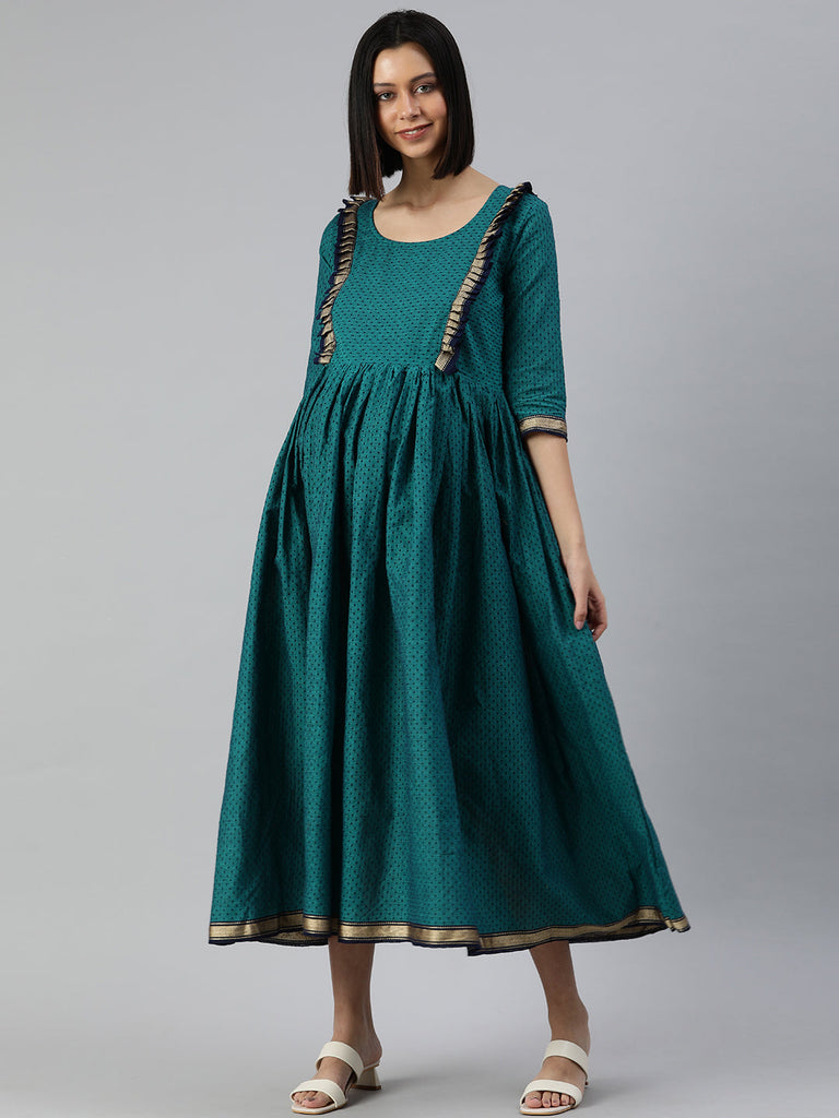 Green & Navy Blue Polka dot Maternity Midi Dress