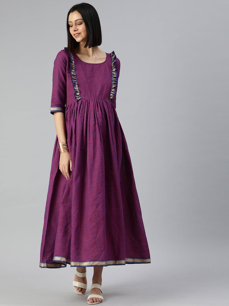 Purple & Navy Blue Maternity Cotton A-Line Midi Dress