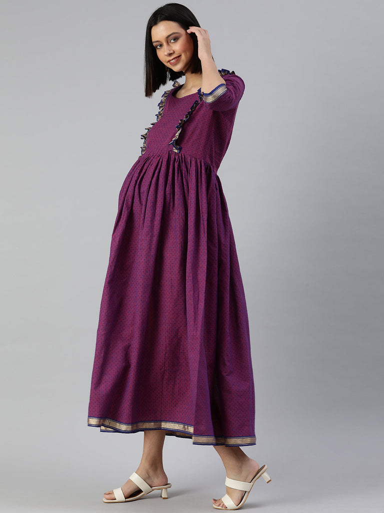 Purple & Navy Blue Maternity Cotton A-Line Midi Dress
