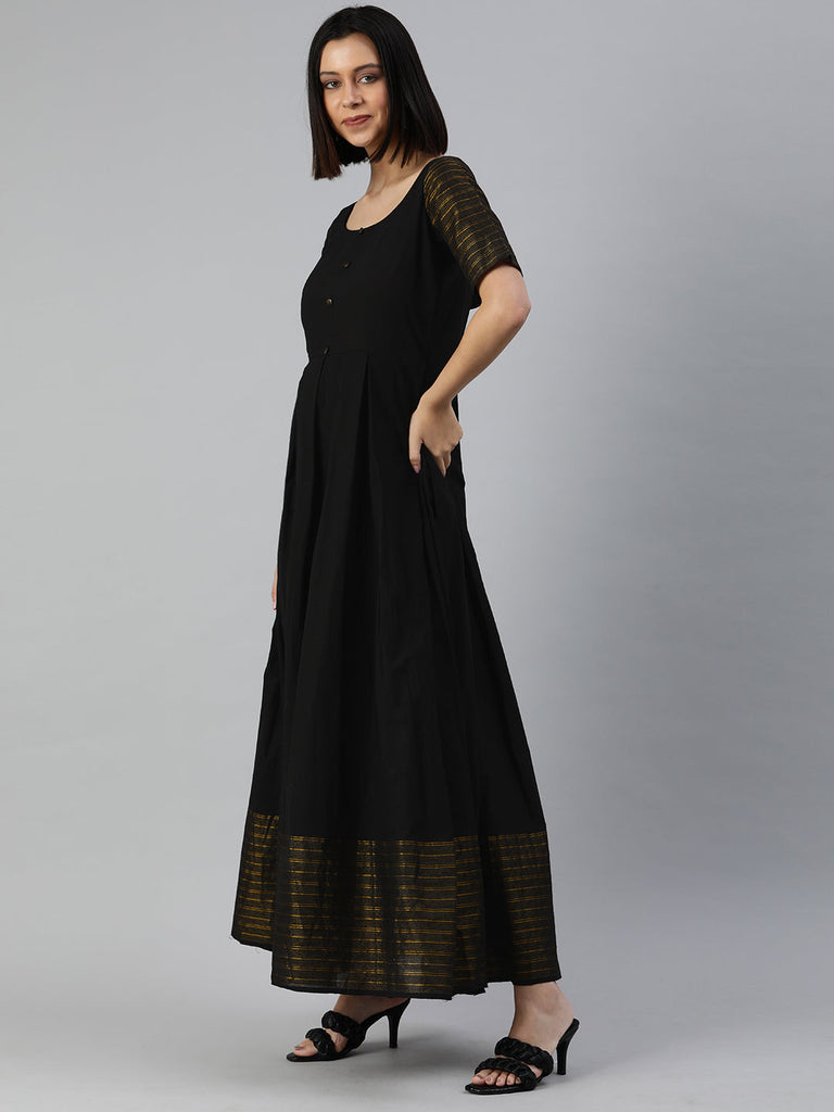 Black & Gold Striped Yoke Design Cotton Maxi Fit & Flare Dress
