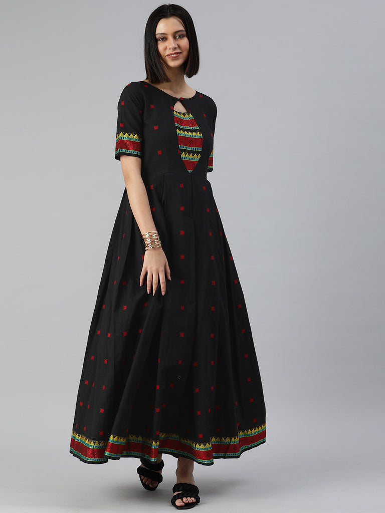 Black & Red Yoke Woven Design Cut-Out Paneled Cotton Maxi Fit & Flare Dress