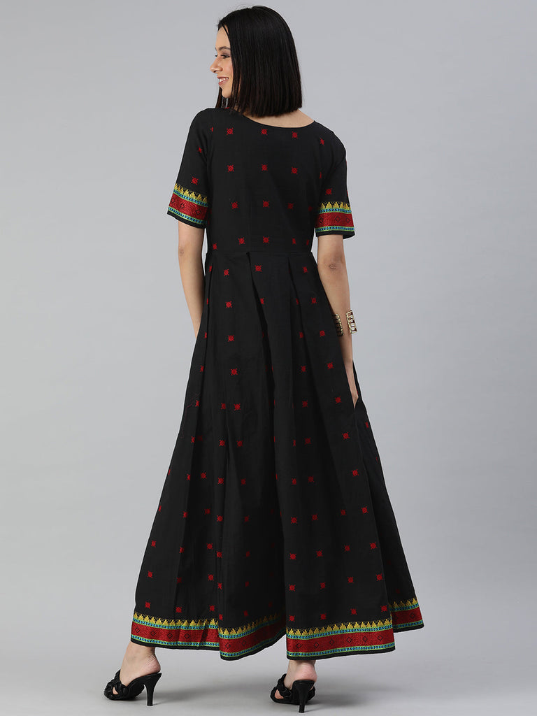 Black & Red Yoke Woven Design Cut-Out Paneled Cotton Maxi Fit & Flare Dress