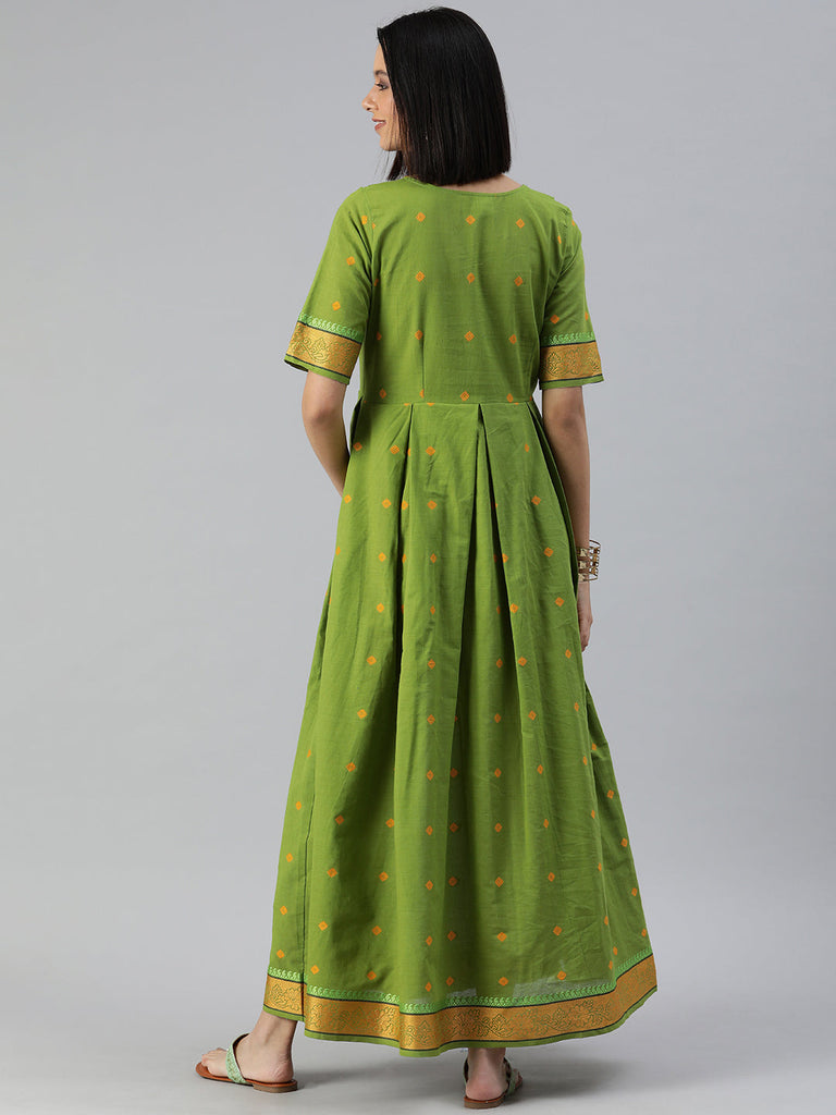 Green & Mustard Yellow Pure Cotton Embroidered Maternity Maxi Dress