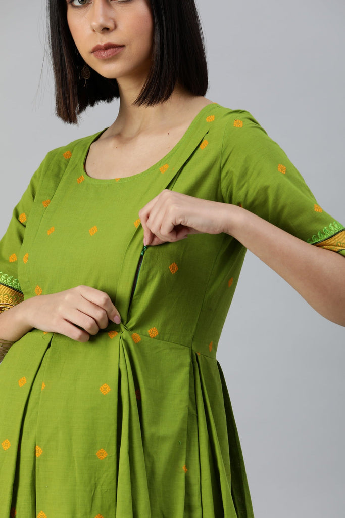 Green & Mustard Yellow Pure Cotton Embroidered Maternity Maxi Dress