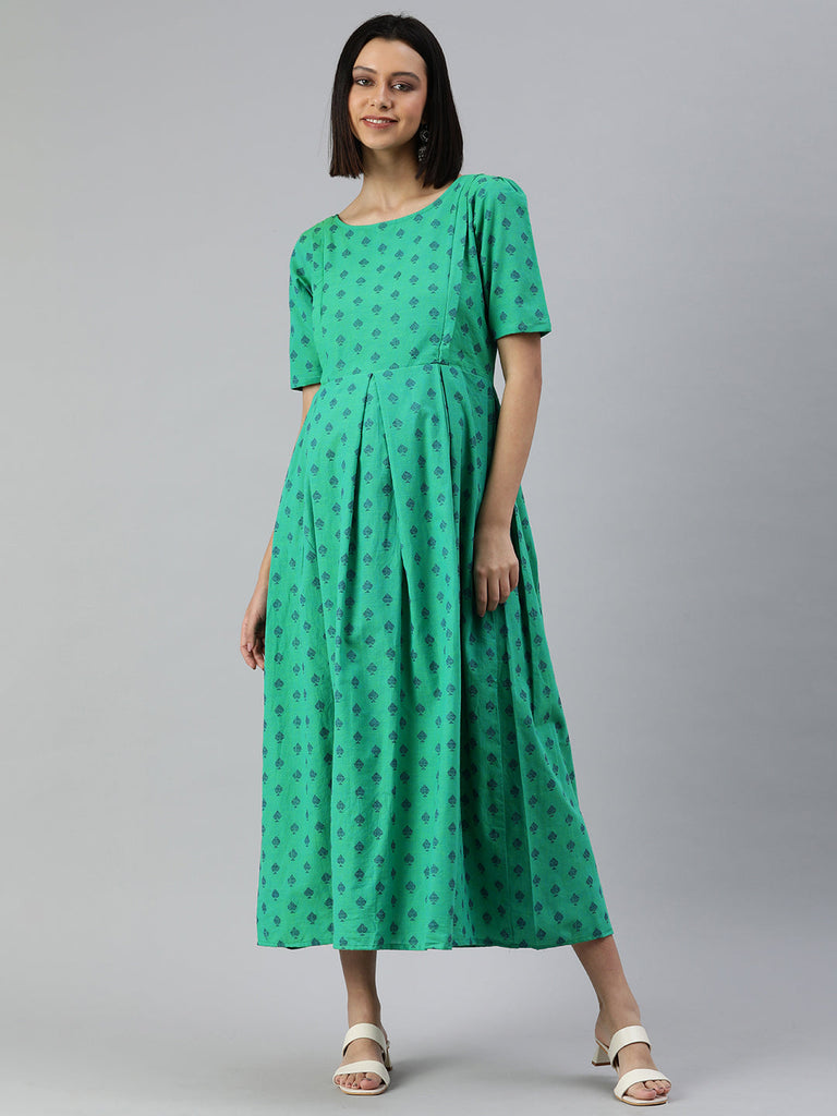 Green & Navy Blue Pure Cotton Embroidered Maternity Maxi Dress