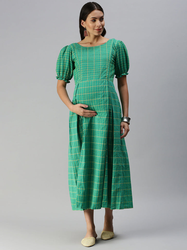 Teal Green & Yellow Checked Woven Handloom Maternity Midi Dress