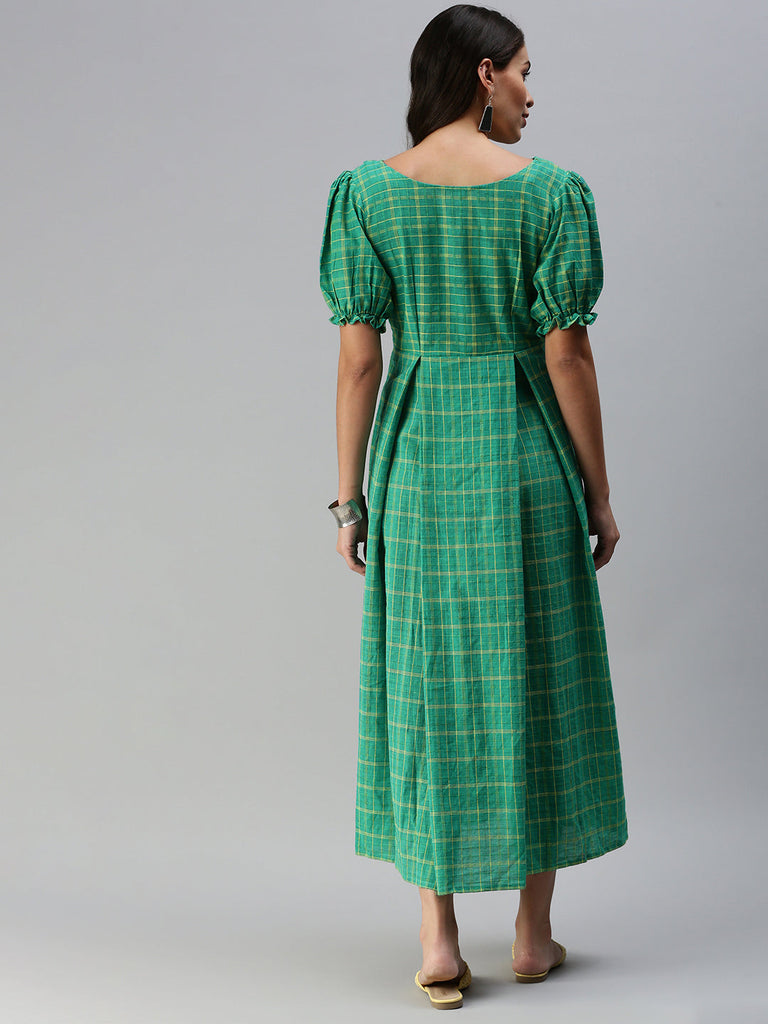 Teal Green & Yellow Checked Woven Handloom Maternity Midi Dress