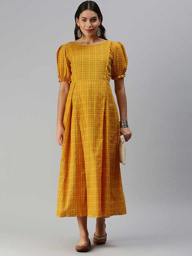 Mustard Yellow Checked Woven Handloom Maternity Midi Dress