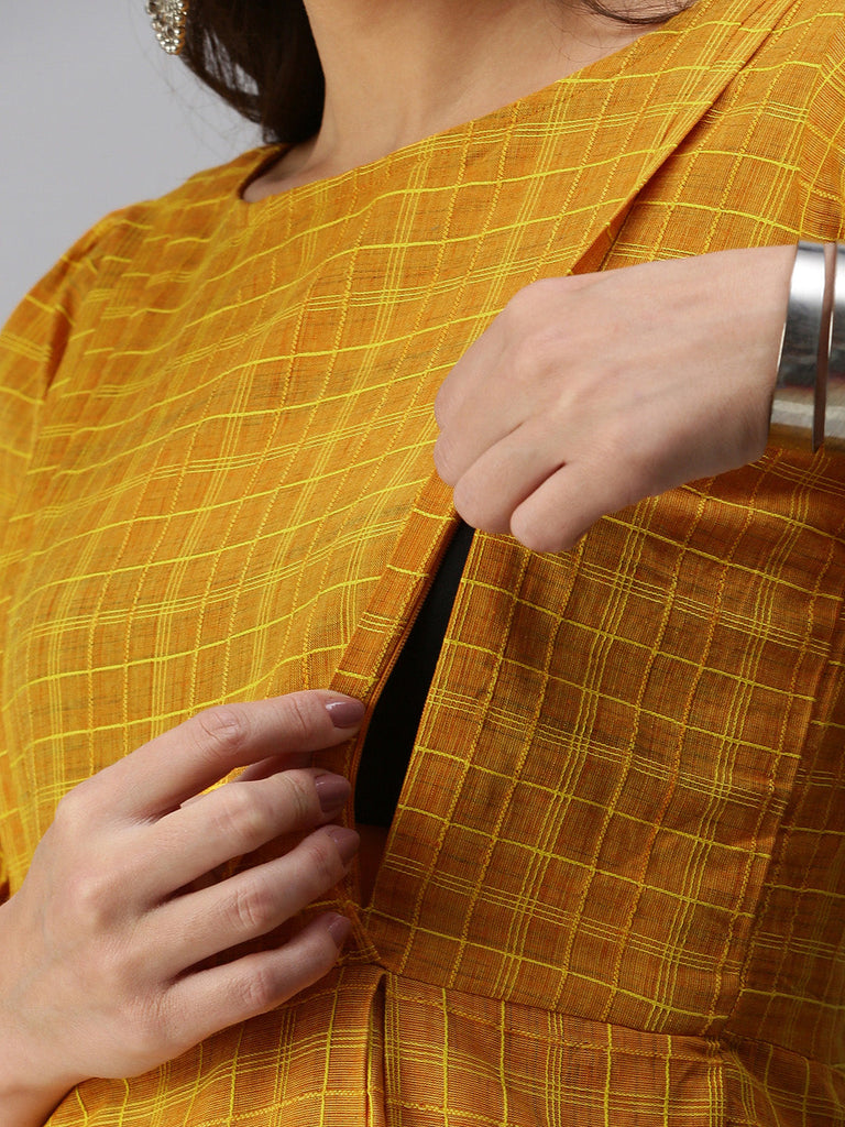 Mustard Yellow Checked Woven Handloom Maternity Midi Dress