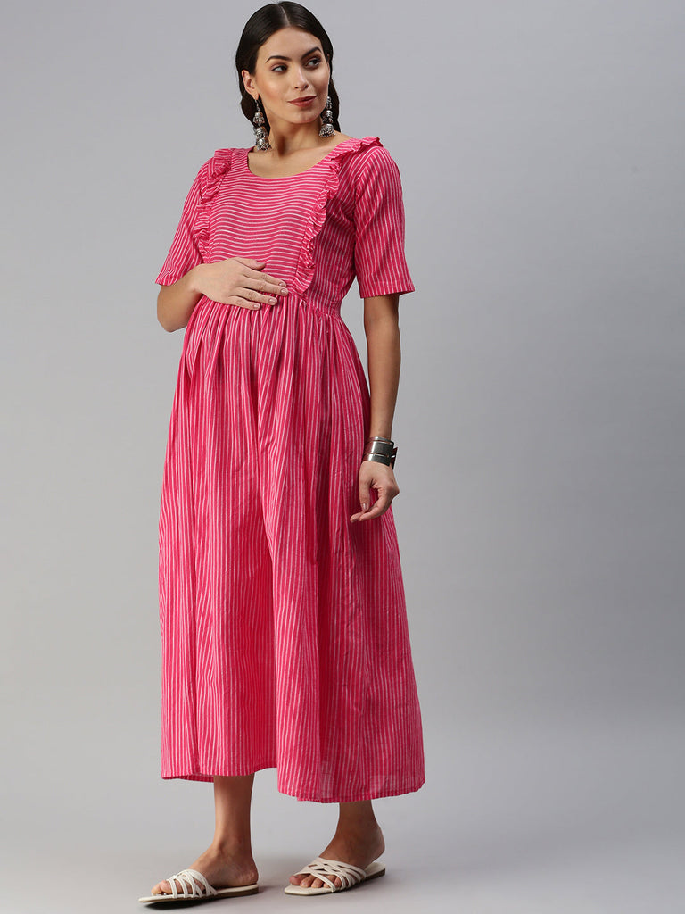 Pink Woven Design Handloom Maternity Midi Dress