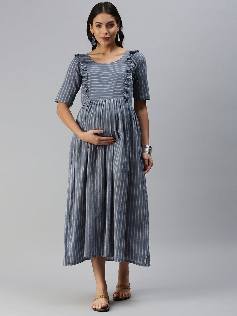 Charcoal Grey & White Woven Design Handloom Maternity Midi Dress