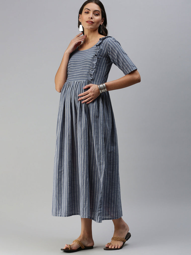 Charcoal Grey & White Woven Design Handloom Maternity Midi Dress