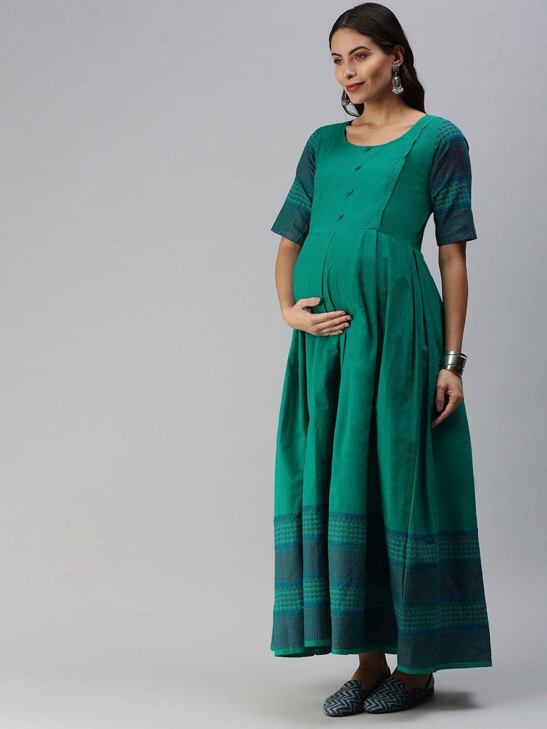 Sea Green & Navy Blue Geometric Woven Handloom Maternity Maxi Dress