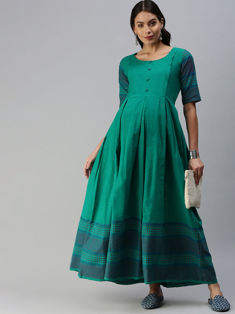 Sea Green & Navy Blue Geometric Woven Handloom Maternity Maxi Dress