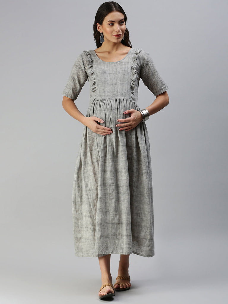 Grey Woven Design Handloom Maternity Midi Dress