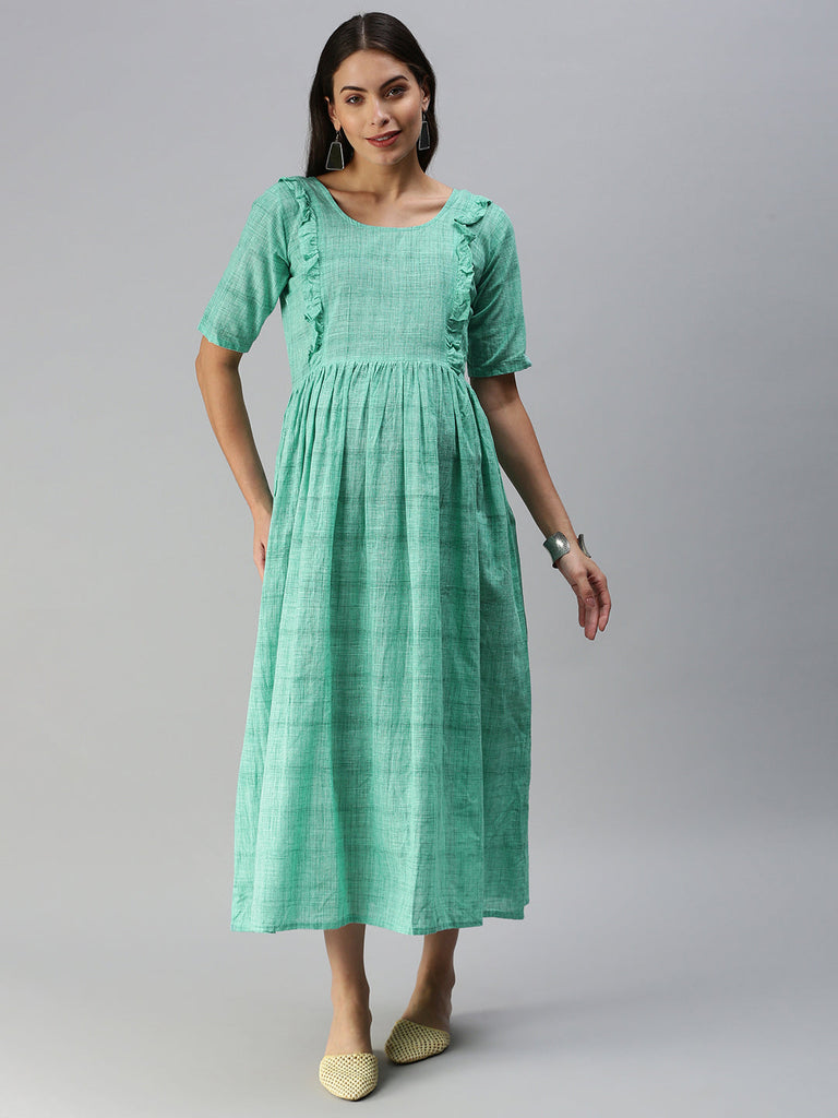 Sea Green Woven Design Handloom Maternity Midi Dress
