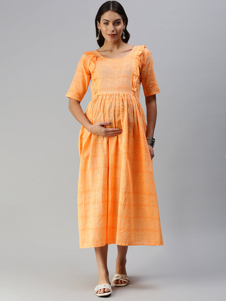 Coral Orange Woven Design Handloom Maternity Midi Dress