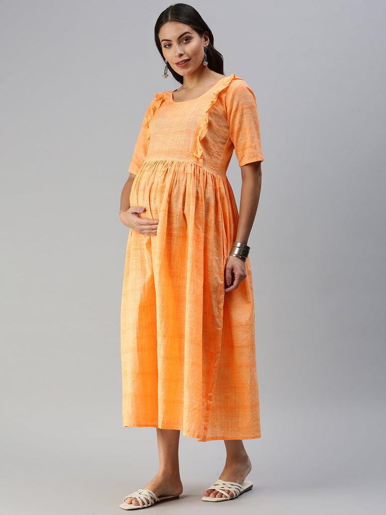 Coral Orange Woven Design Handloom Maternity Midi Dress