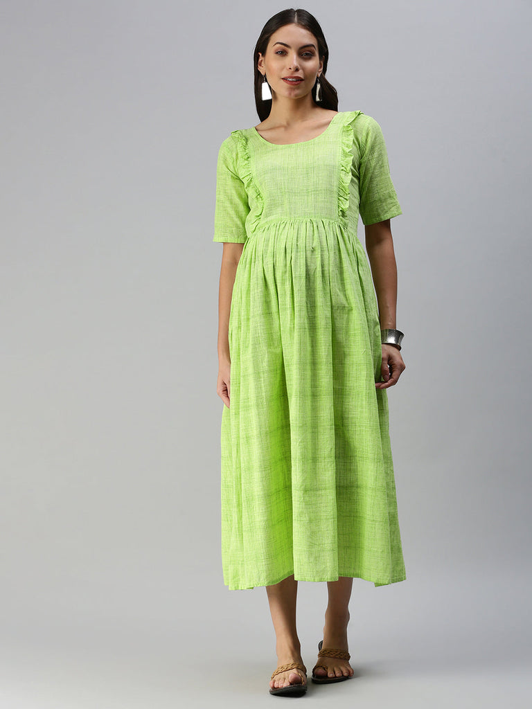 Lime Green Woven Design Handloom Maternity Midi Dress