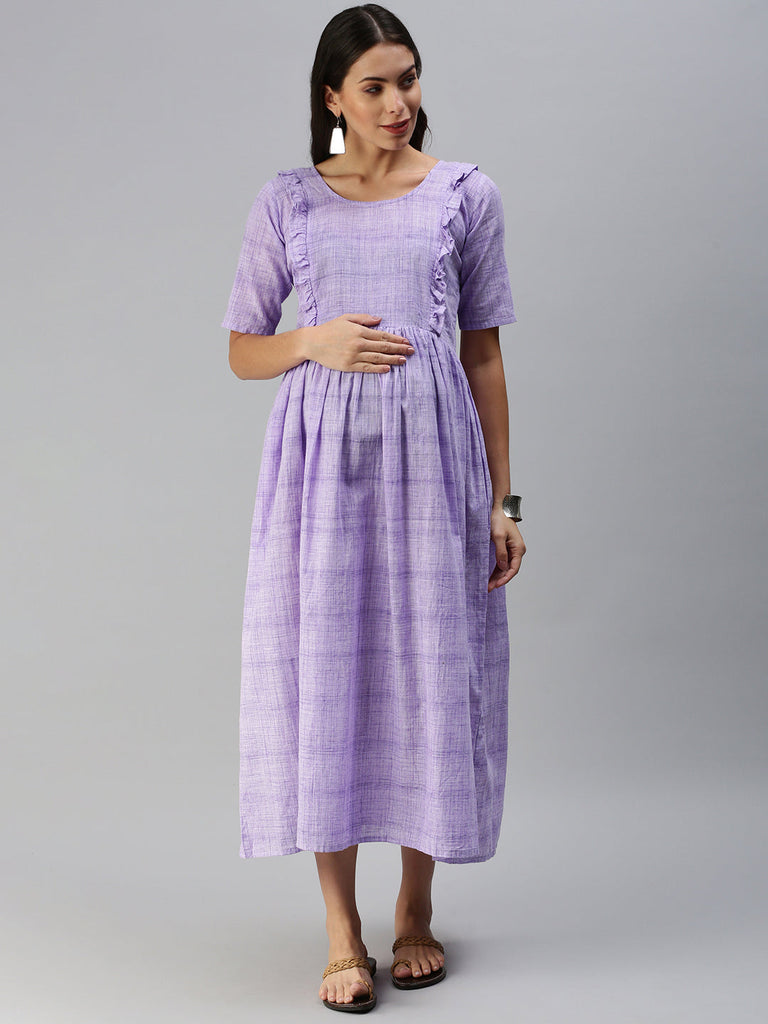 Lavender Woven Design Handloom Maternity Midi Dress