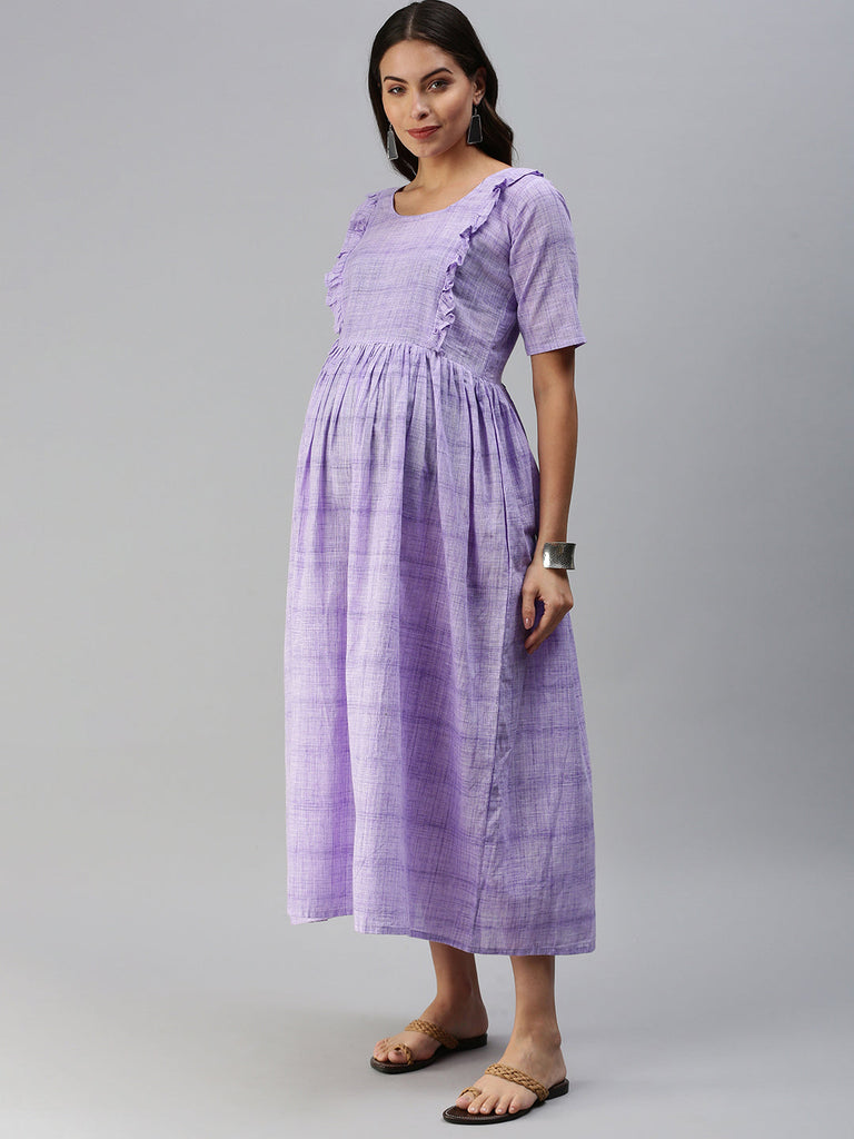 Lavender Woven Design Handloom Maternity Midi Dress