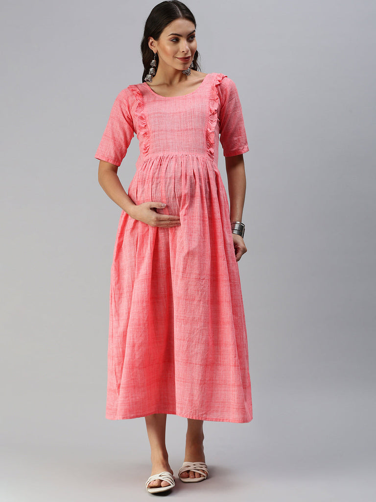 Pink Woven Design Handloom Maternity Midi Dress