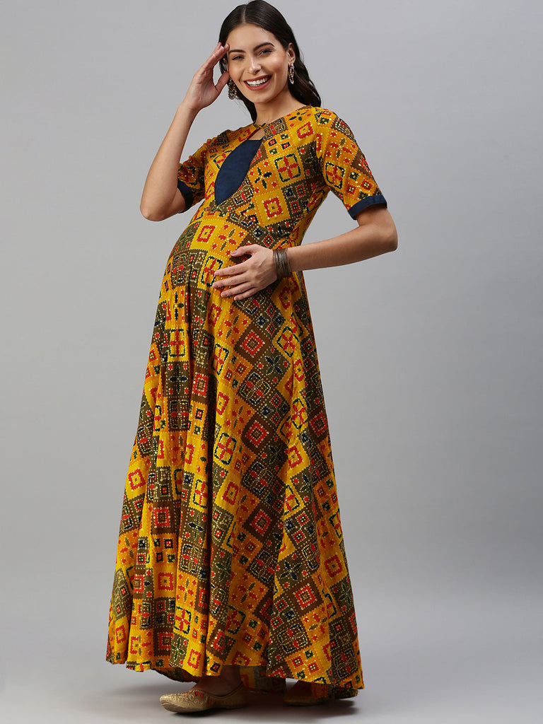 Mustard Yellow & Navy Blue Ethnic Motifs Printed Maternity Maxi Dress