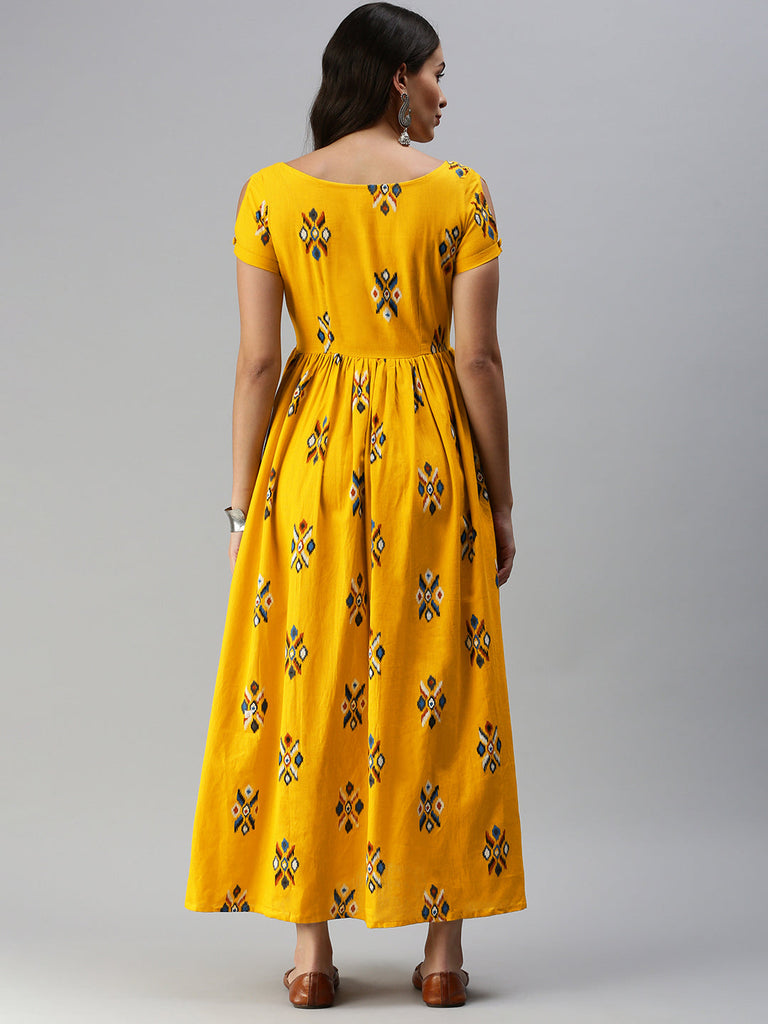 Mustard Yellow & Blue Geometric Printed Maternity A-Line Maxi Dress