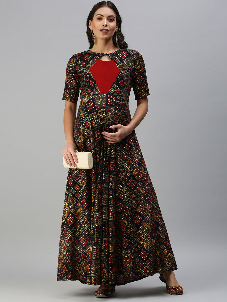 Black & Red Ethnic Motifs Printed Maternity Maxi Dress