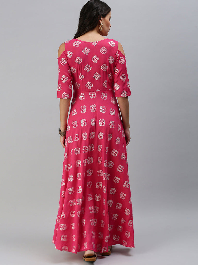 Fuchsia & Silver Ethnic Motifs Printed Maternity Maxi Dress