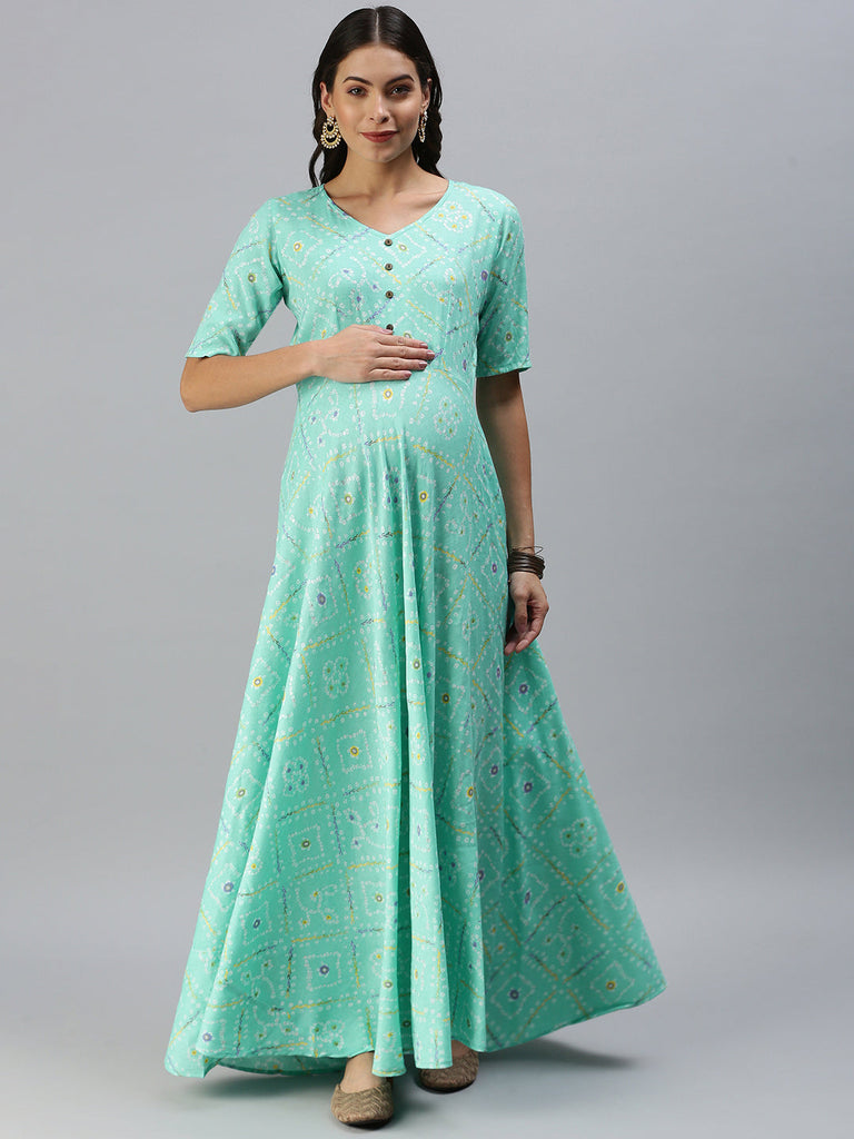 Turquoise Blue & White Ethnic Motifs Printed Maternity Maxi Dress