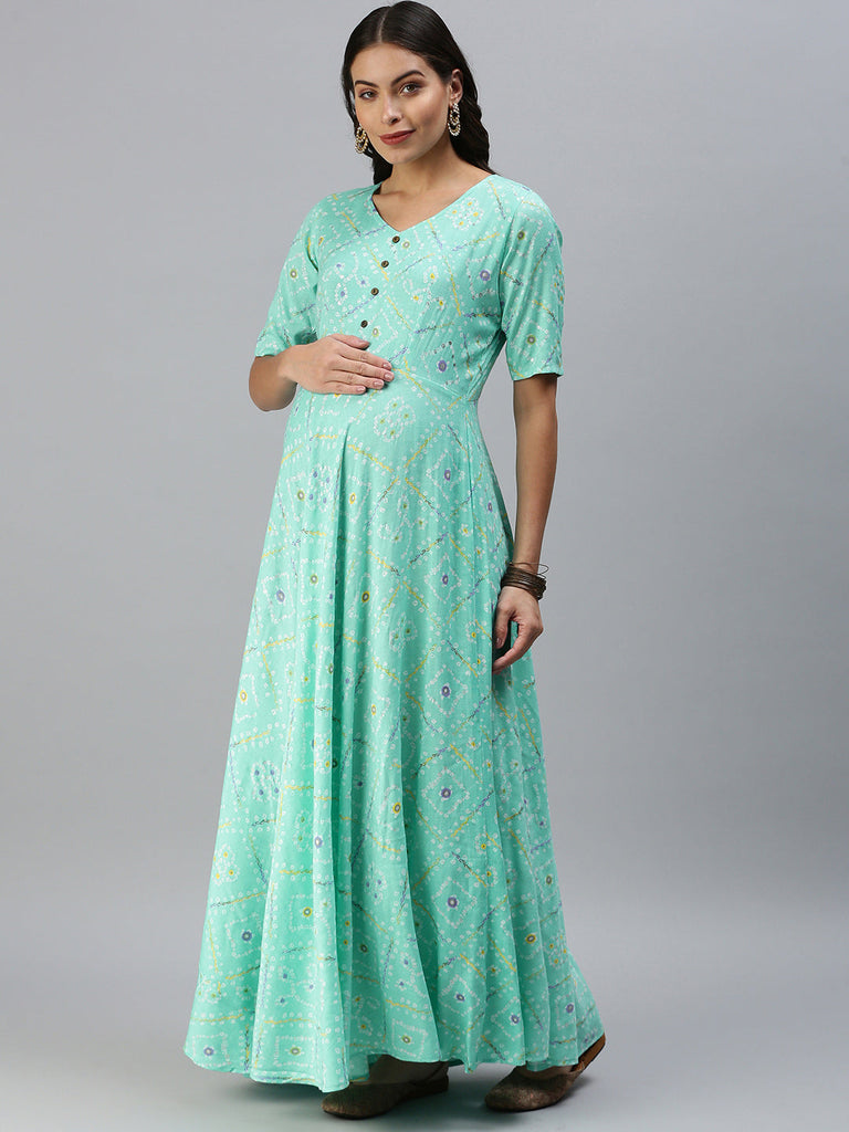 Turquoise Blue & White Ethnic Motifs Printed Maternity Maxi Dress