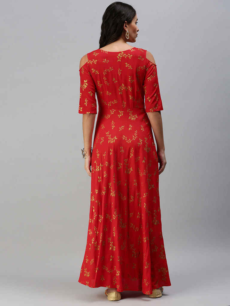 Red & Golden Floral Printed Maternity Maxi Dress