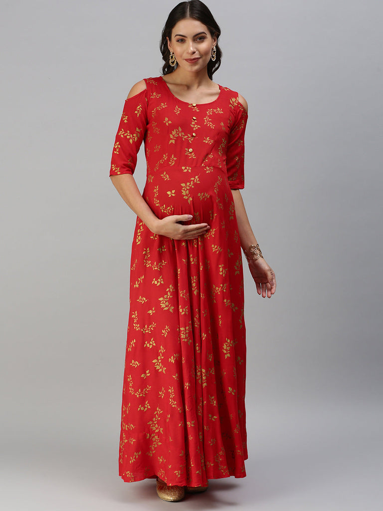 Red & Golden Floral Printed Maternity Maxi Dress