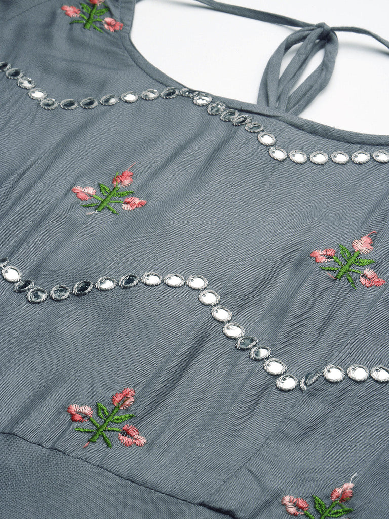 Grey Ethnic Motifs Embroidered Maxi Ethnic Dress