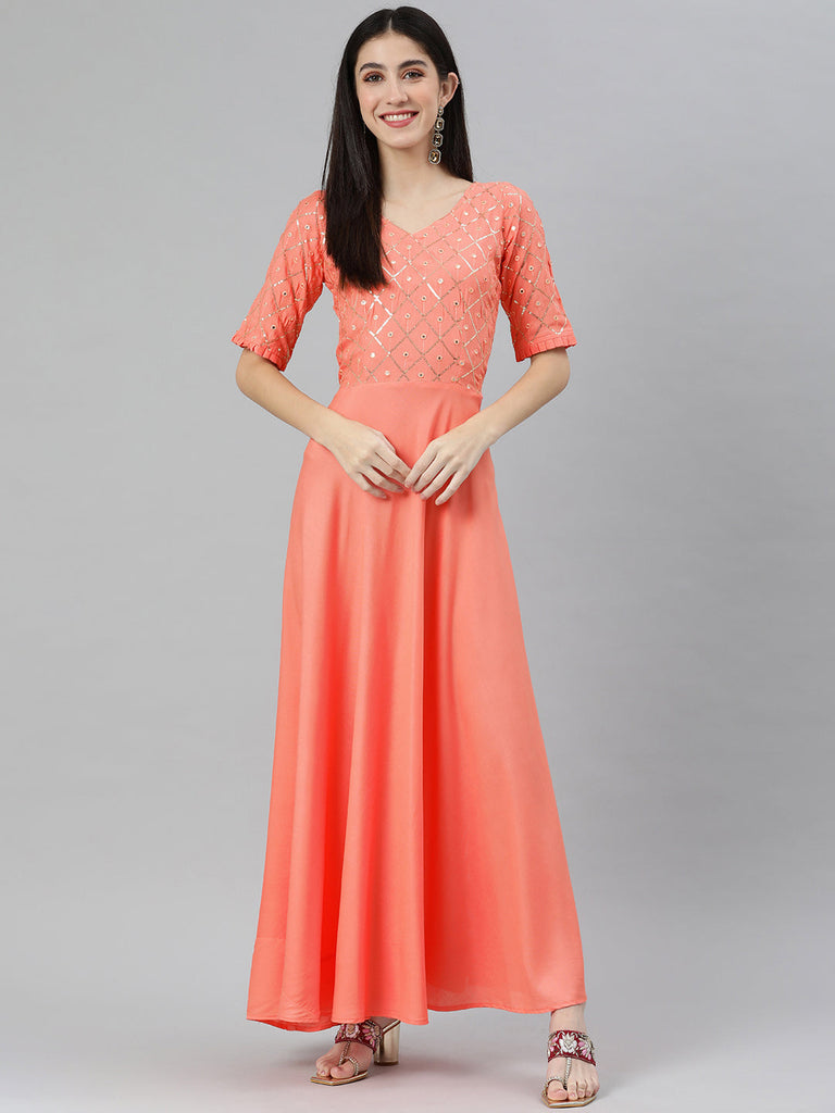 Peach-Coloured Sequined Maxi Dress