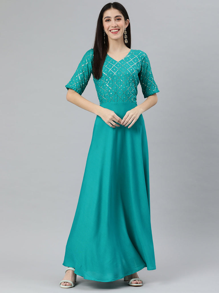 Turquoise Blue Sequined Solid Ethnic Maxi Dress