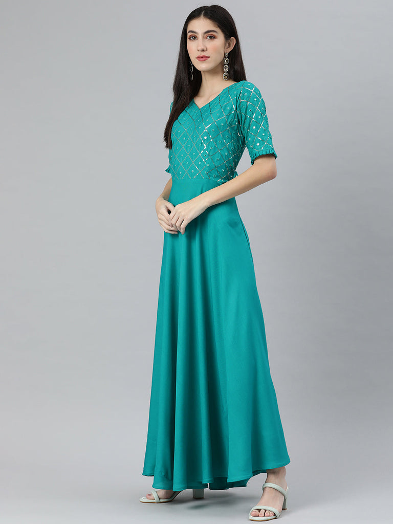 Turquoise Blue Sequined Solid Ethnic Maxi Dress