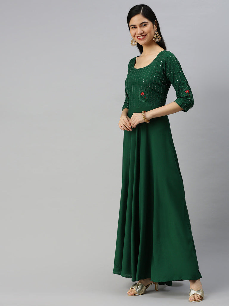 Green Embroidered Maxi Ethnic Dress