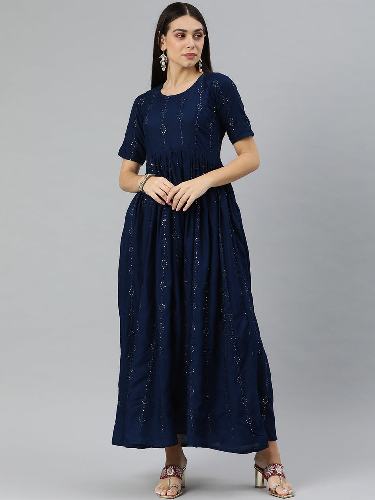 Navy Blue Sequined Maxi Dress