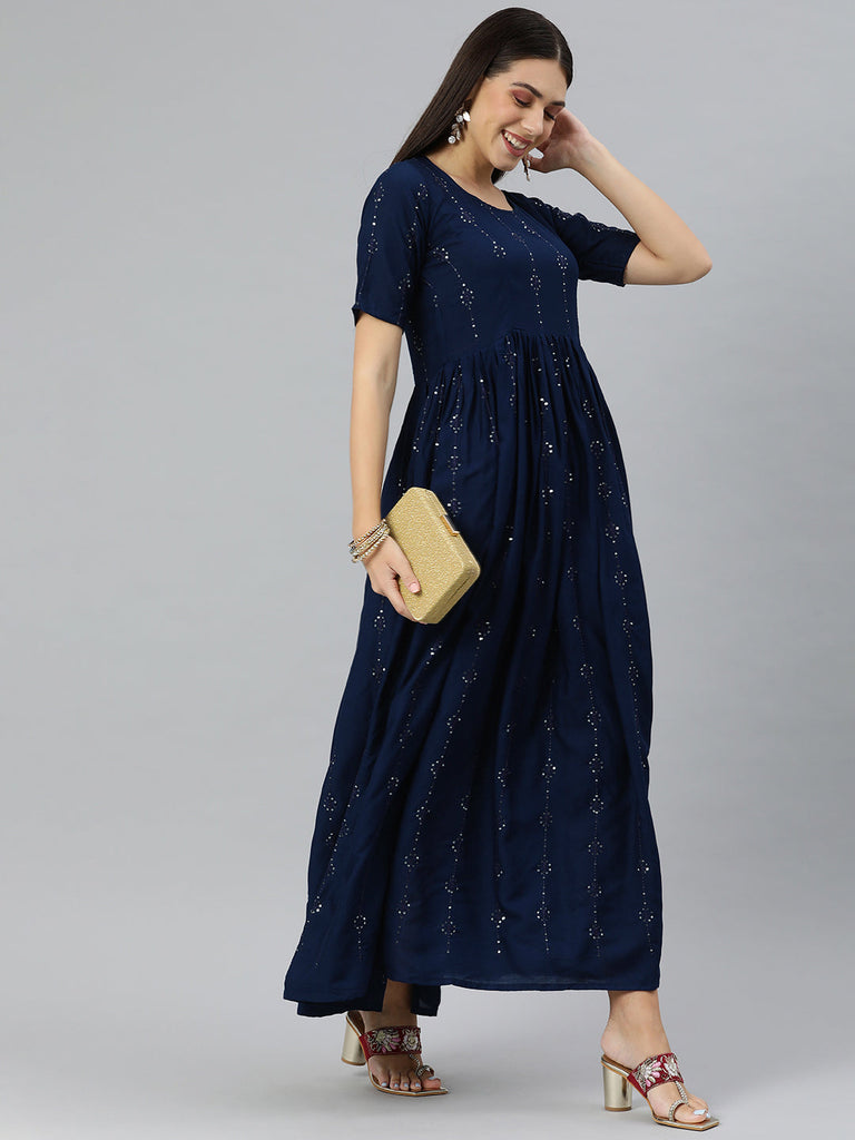 Navy Blue Sequined Maxi Dress